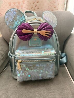 Disney Cruise Line Loungefly Iridescent Silver Kids Backpack w/Purple Shell Bow
